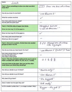 Schedule completed by the interviewer, detailing a student’s answers and representations regarding fractions.