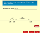 Using a number line to subtract 63 from 127, first subtracting 60 and then subtracting 3.