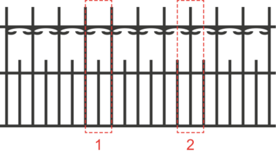 A drawing of a fence showing two groupings of uprights railings, each of which is a repeating pattern.
