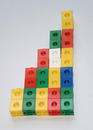 Adjacent columns of coloured cubes two, four, six, eight and ten cubes high, standing on a common base line.