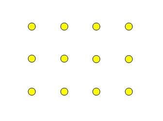 Twelve yellow dots arranged in a three by four pattern.