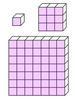 Three images: a single cube, a square made of 9 cubes, a square made of 49 cubes.